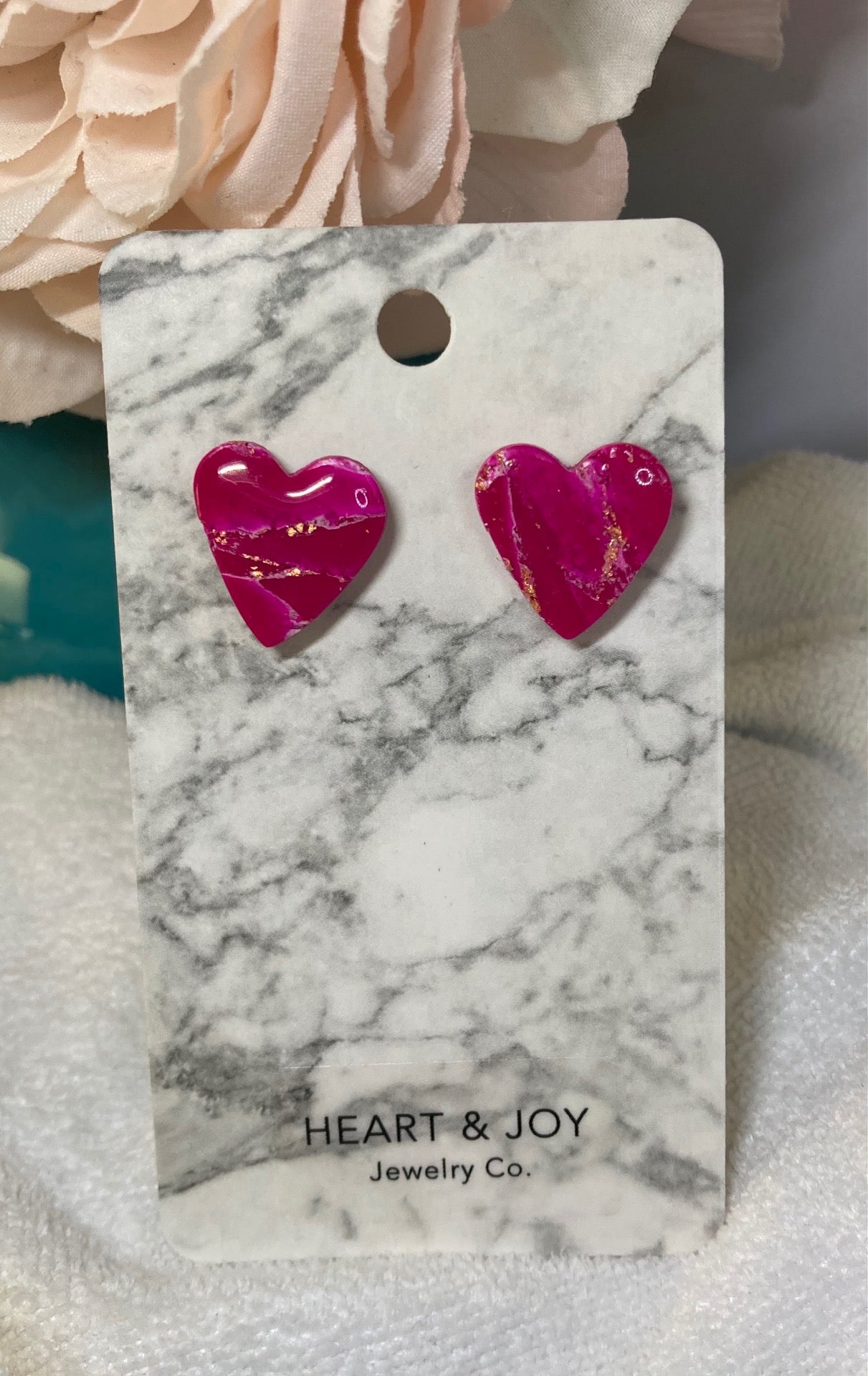 Pink Marbled Punch Heart Studs